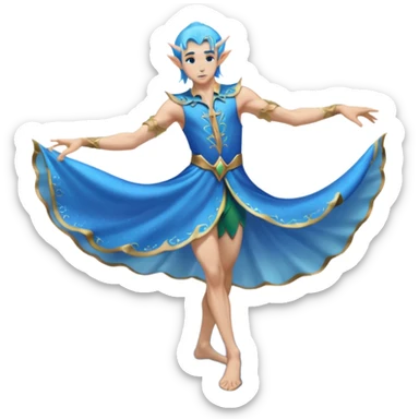 elf male dancer with water-like dress, graceful pose on wet sand, splashes, pointy ears, serene expression, centered emoji, ethereal blue colors sticker