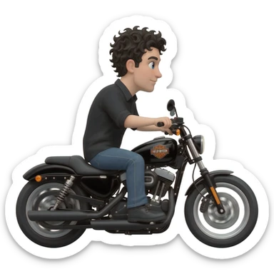 White man with short wavy black hair riding Harley Davidson in jeans and black shirt sticker