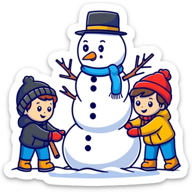 kids building a snowman, cartoonish and fun sticker