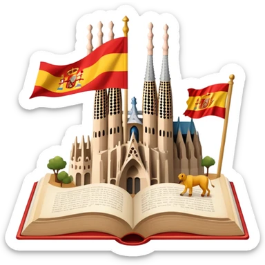 An icon featuring the Sagrada Familia and the flag of Spain, symbolizing the Spanish language. The design includes an open book with Spanish text and flamenco dancers, representing language learning and cultural heritage. Transparent background sticker