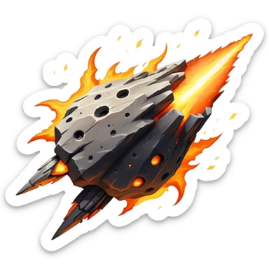 A massive, rocky meteor blazing through space with a fiery tail of orange and yellow flames. Its surface is rugged and cracked, glowing with intense heat. Embers and sparks trail behind as it hurtles forward. sticker