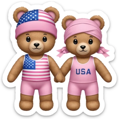 osito de peluche cafe claro con ropita rosa claro y estapado de la bandera de usa y otro con una liga de pilates en la cabeza y con ropa deportiva sticker