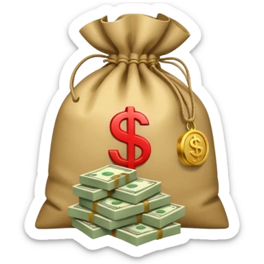 money bag and stack of dollars placed with it sticker