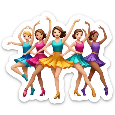 Icon for Contemporary Dance: a synchronized group dance performance with dancers in modern outfits, performing on stage with bright spotlighting and energetic movement. The icon should capture the dynamic and vibrant nature of contemporary dance. Transparent background. sticker