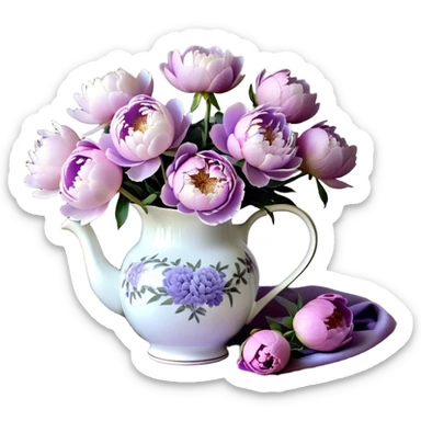 A porcelain pitcher with delicate lavender patterns holds a bouquet of pastel purple peonies, some fully opened, others still unfurling. Their petals, ranging from soft lilac to muted heather, contrast with the smooth surface of the pitcher. A few fallen petals rest beside it on a wooden table, while the edges of a lace cloth peek from underneath. Light filters through, emphasizing the variations in color and texture." sticker