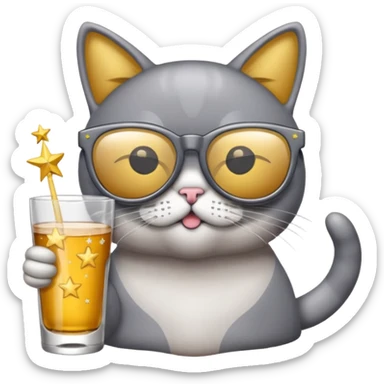 Fait un chat gris avec des lunettes de stars et avec un verre d alcool qui fait la fête sticker