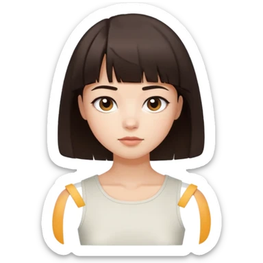 a short bob with bangs and dark brown hair. They have a calm expression, fair skin, and wear a sleeveless white cropped top sticker