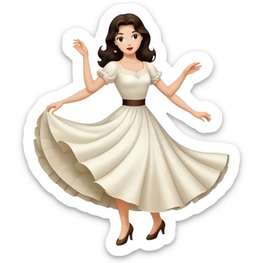 Beautiful woman in 1950’s woman fashion look, white dress, long dark brown hair, balboa dance sticker