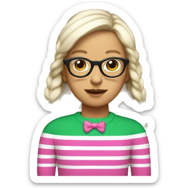 White bow wearing glasses and pink, green stripe sweater sticker