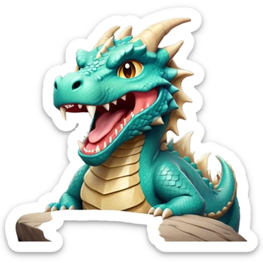 Cinematic Cute Yawning Giant Rock Dragon Portrait Emoji, Head tilted slightly with a dramatic, wide-open yawn, revealing a colossal, rugged body with weathered, rock-like scales and subtly drooping, earthy features rendered in authentic, stony texture; high shine, relaxed yet powerful, styled with a dash of timeless geological charm, soft glowing outline, capturing the essence of a sleepy but stoic rock behemoth ready to settle into an ancient, enduring slumber! sticker