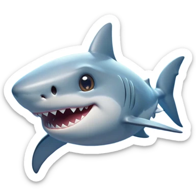 Cinematic Cute Shark Portrait Emoji, Head tilted playfully and inquisitively, featuring a glossy, streamlined body with a subtle shimmering hue and round, sparkling eyes filled with curious charm, Simplified yet irresistibly adorable features, highly detailed, glowing with a warm, friendly glow, high shine, affectionate and sleek, stylized with a touch of marine whimsy, bright and endearing, soft glowing outline, capturing the essence of a mischievous yet loving shark, so playful it feels like it could swim out of the screen into your arms! sticker