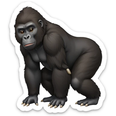 cinematic-friendly relaxed young gorilla-realistic-full-body-crouched on all fours on knuckles-emoji,-poised-with-confidence,-massive-arms-hanging-slightly-forward,-head-tilted-thoughtfully,-thick-black-fur, friendly ,-simplified-yet-realistic sticker