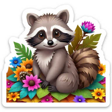 Collage of an exotic raccoon and a hedgehog, both with cute expressions, sitting together on a bed of colorful leaves and flowers. The raccoon is holding a shiny object, while the hedgehog curls up in a playful pose. Bright, nature-inspired background with vibrant colors. sticker