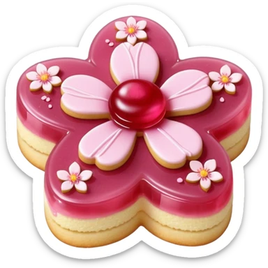 Realistic shortbread cookie in the shape of a cherry blossom with pale pink color jelly middle filling and sprinkled powder sugar on top. sticker