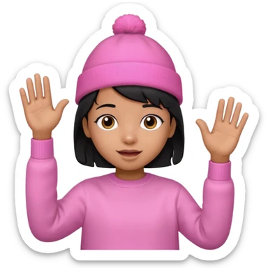 Kid in pink hat and jumper waving, black hair sticker
