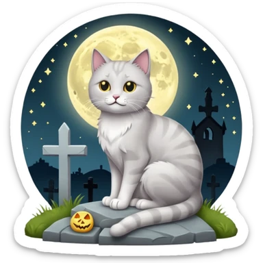 grau weiße Katze bei vollmond auf dem friedhof neben einem grabstein sticker