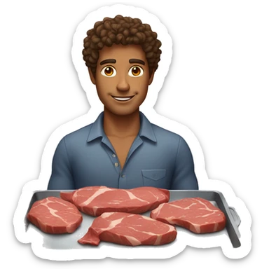 Man with curly brown hair and tanned skin with meat on tray  sticker