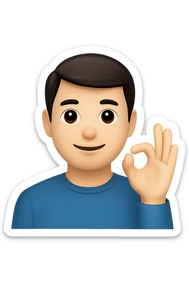 Edit the image to depict a man with a raised hand making the 'okey' sign in the style of apple emojis with normalized, natural-looking fingers. Preserve the apple emoji style but improve finger naturalness and normalization. sticker