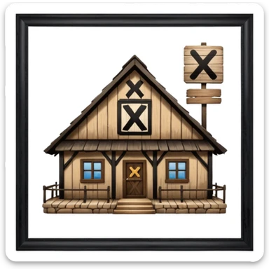 an inn with a big X on it sticker