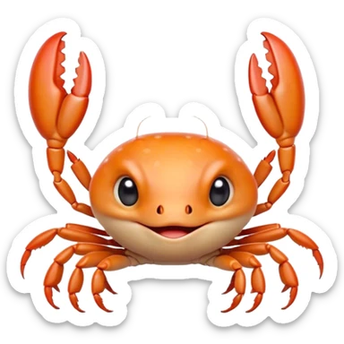 Cinematic Cute Baby Crab Portrait Emoji, Head tilted playfully and inquisitively, featuring an adorably small form with a delicately patterned carapace, round, sparkling eyes, and tiny, endearing pincers, Simplified yet irresistibly adorable features, highly detailed, glowing with a warm, friendly coastal glow, high shine, affectionate and lively, stylized with a touch of seaside whimsy, soft glowing outline, capturing the essence of a mischievous yet loving baby crab that seems as if it could pinch its way out of the screen into your arms! sticker
