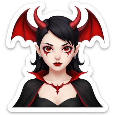 Demon girl, entire skin solid red, black hair, horns, bat wing, black dress, tattoo-flash comic. sticker