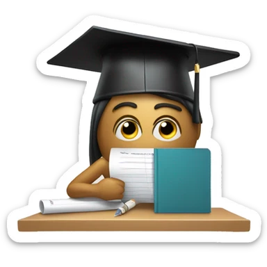 A figure with a graduation cap holding a pen, sitting at a desk with papers, and a small hourglass icon in the corner. It could also include a subtle anxious expression to reflect the common feelings associated with exams. sticker