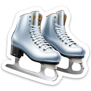 An icon showing elegant figure skates in close-up on a glossy ice surface, with a graceful skater performing in the background. The scene is set inside a grand indoor ice arena with spotlights, decorative banners, and a cheering audience. Transparent background. sticker