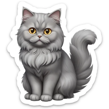 cinematic-[grey persian cat]-realistic-full-body-sitting-emoji,-tail-curled-playfully-around-its-paws,-head-tilted-dramatically,-fluffy-[grey]-fur,-simplified-yet-realistic-focused-features,-highly-detailed,-glowing-with-an-almost-sarcastic-glow sticker