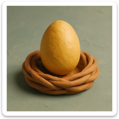 A golden egg in claymation style with a matte, plasticine texture, visible fingerprints, and pastel colors, sitting on a nest. sticker