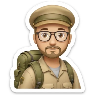 adventurer with goatee beard (no beard on cheeks), short hair, glasses, backwards military tan cap and backpack sticker