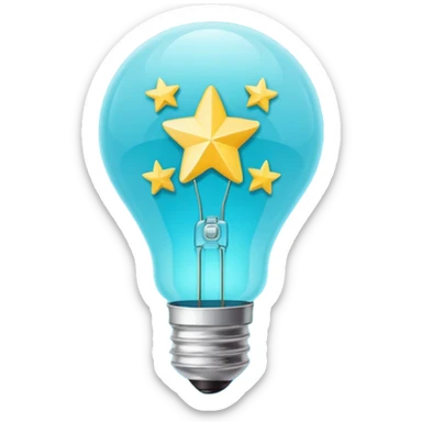 Light bulb icon with three small stars inside the bulb, flat emoji style, outline with blue and turquoise colors, white background sticker