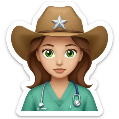 Woman with brown hair and green eyes wearing scrubsand a cow girl hat sticker
