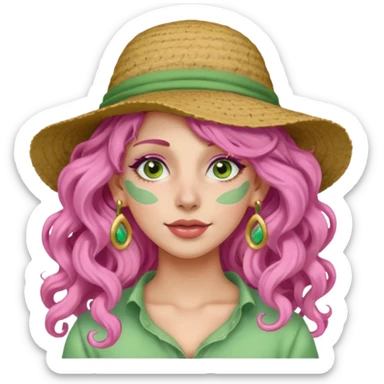 pink haired very long curly haired woman with full face light green clay mask  and big earrings and hat sticker