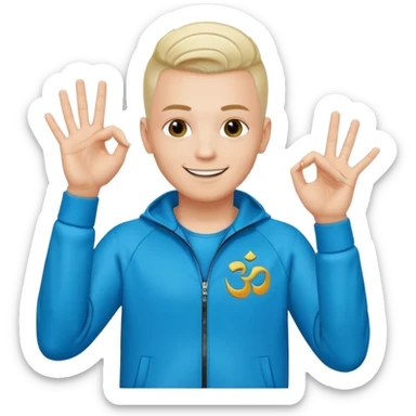 rapeur jul en emoji ios, blanc, rasé sur les cotés, cheveux au centre dressés au gel, signe J avec les mains, survet de l'om sticker