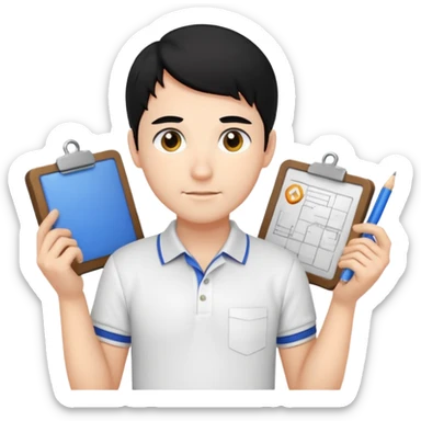 engineer wearing white polo, black hair with site/eng materials on the bg sticker