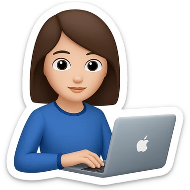 Change hair to brown, right hand forward to the front, keep blue clothes, hand on laptop. The style should resemble emoji style with no background. sticker