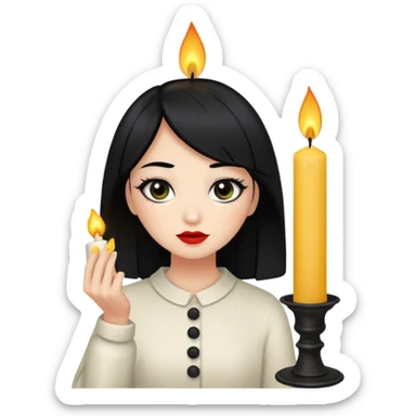 A gurl with black hair make up holding a candle sticker