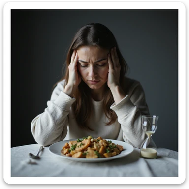 ultra realistic photo of an adult woman sitting at a table with a diet food plate, suffering expression, hands on temples, cold and sad atmosphere, natural light, kitchen background, hourglass symbol next to the plate, concept of diet as punishment sticker