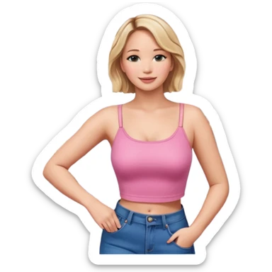 jennifer lawrence, pink crop top, and blue jeans, leaning on a balcony with a harbor and cityscape in the background, smiling sticker