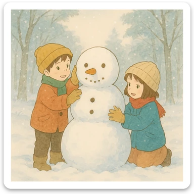 ghibli style kids building a snowman, soft colors, gentle winter scene sticker