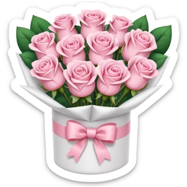 light pale pink bouquet of roses wrapped in white wrapping paper with pink bow sticker