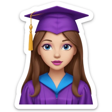 girl with gorgeous long brown hair, blue eyes, long lashes makeup, sexy pink lips, wearing a purple graduation cap and gown sticker