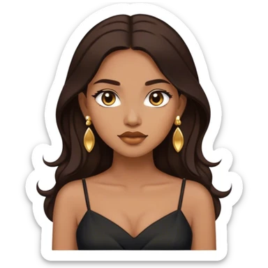 Beautiful woman,cute, long dark brown hair in dark dress with gold earrings sticker