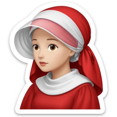 mujer de perfil con un vestido rojo de manga y falsas largas y voluptosas, y una toca blanca GRANDE que no se le ve la cara porque la toca la cubre sticker