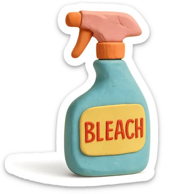 bleach spray bottle in claymation style with a bold label, playful arrangement, pastel palette sticker