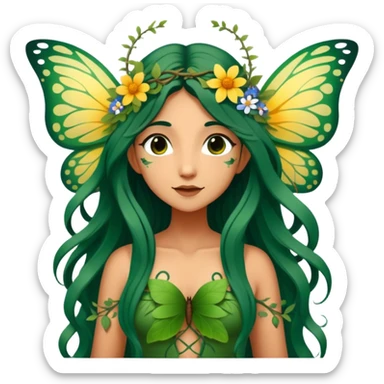 Cinematic Realistic Forest Fairy Portrait, depicted with lifelike, sun-kissed tanned skin that radiates an earthy glow, softly illuminated by natural, dappled light. Her long, flowing dark green hair is intricately detailed and interwoven with delicate vines and wildflowers, while her deep, soulful eyes mirror the wisdom of the forest. Dressed in an attire inspired by nature’s palette—with subtle botanical motifs—the portrait exudes a soft, enchanted glow that melds realism with woodland magic showing her large butterfly wings from her back. sticker