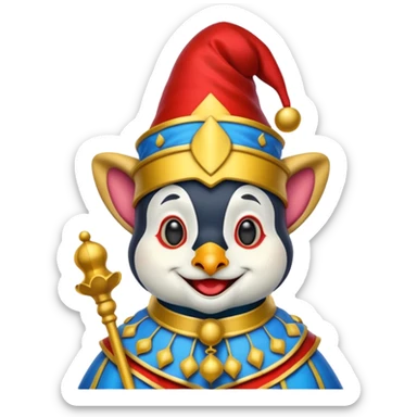 crazy colorful puppy penguin jolly joker, medieval, vintage, court jester, mac os icon, blue color sticker