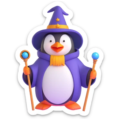 penguin wizard with magic staff and wizard robe sticker