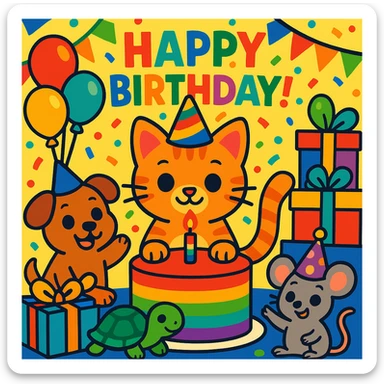 vibrant-toon style birthday party scene with a rainbow color theme including rainbow balloons, multicolored decorations, confetti, a large rainbow birthday cake, gifts, and a festive atmosphere. Main character is a ginger tabby kitten wearing a birthday hat, surrounded by a puppy, turtle, and mouse also celebrating. Prominent 'Happy Birthday!' message included in the scene. sticker