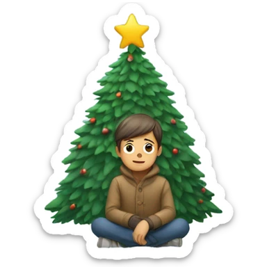 boy sitting in snow surranded with xmas tree sticker